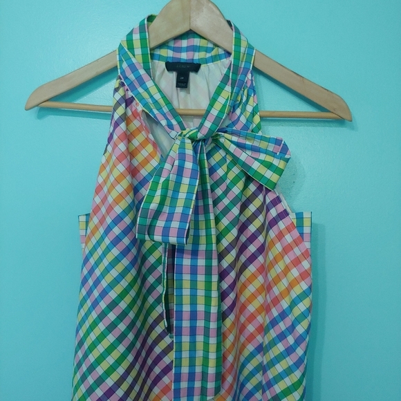 J. Crew Tie Neck Rainbow Gingham Cotton A-line Sleeveless Dress Size 2P - Picture 3 of 15